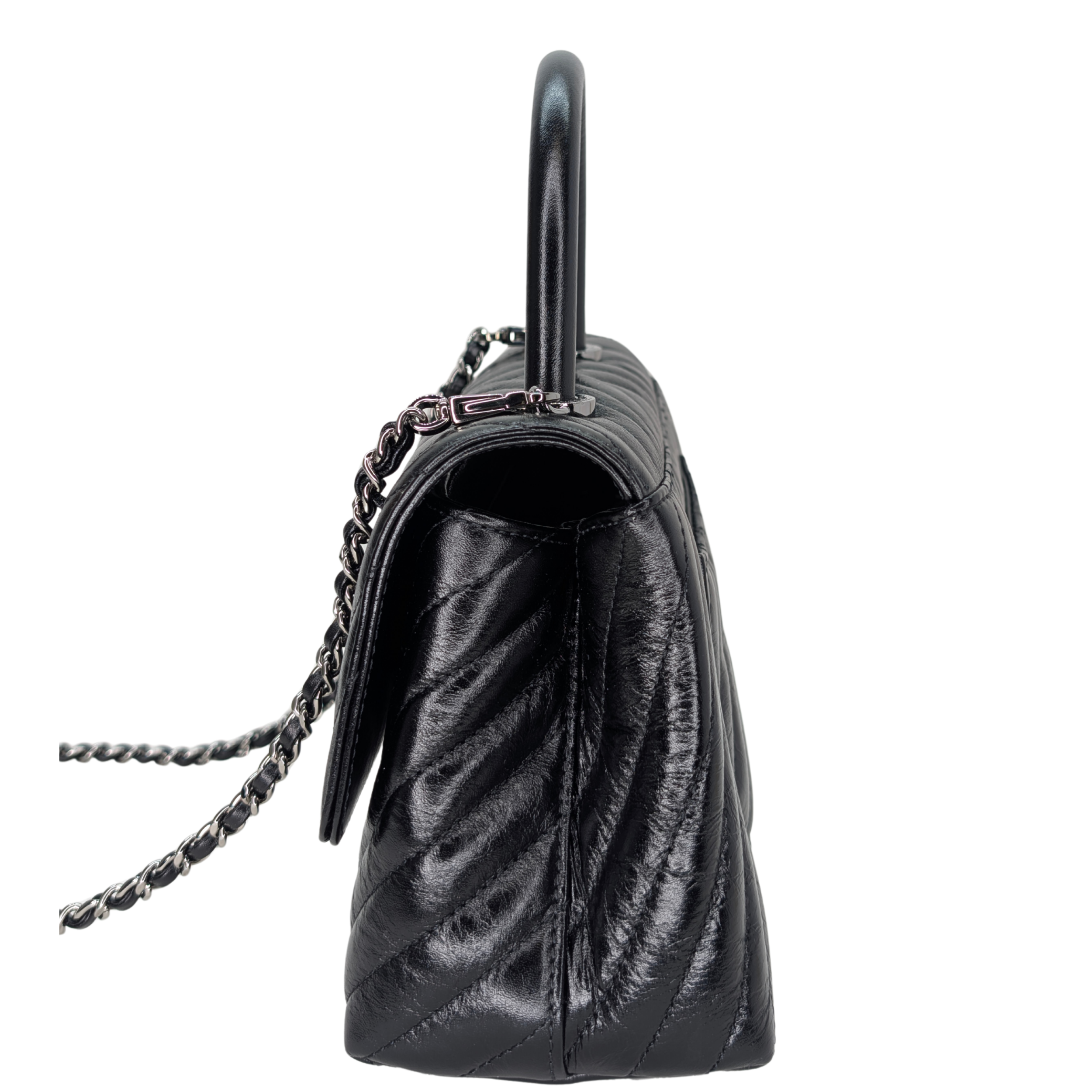Chanel Small Coco Handle Chevron Aged Calfskin Black