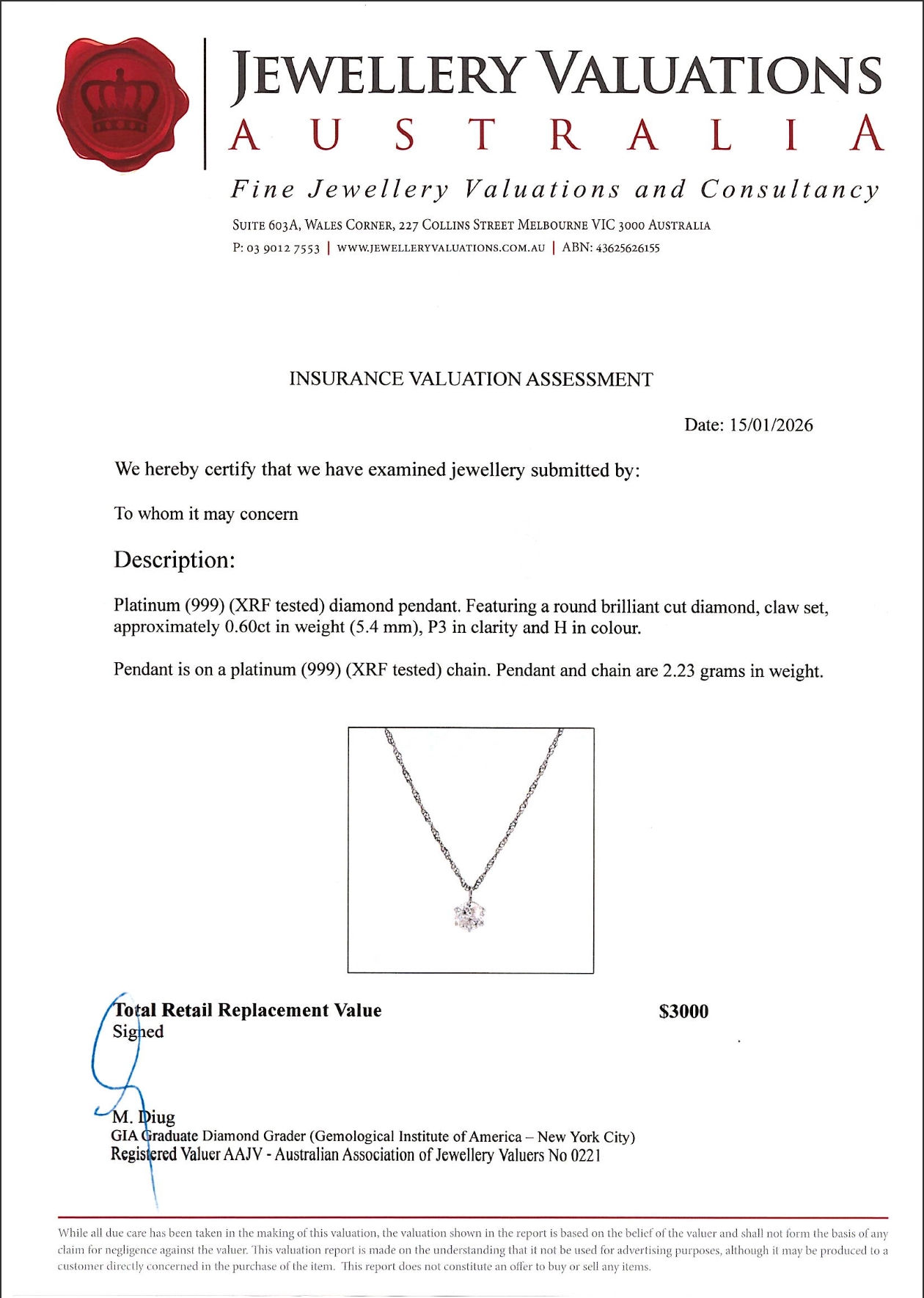قلادة بدلاية ألماس سوليتير طبيعي 0.60 قيراط من البلاتين