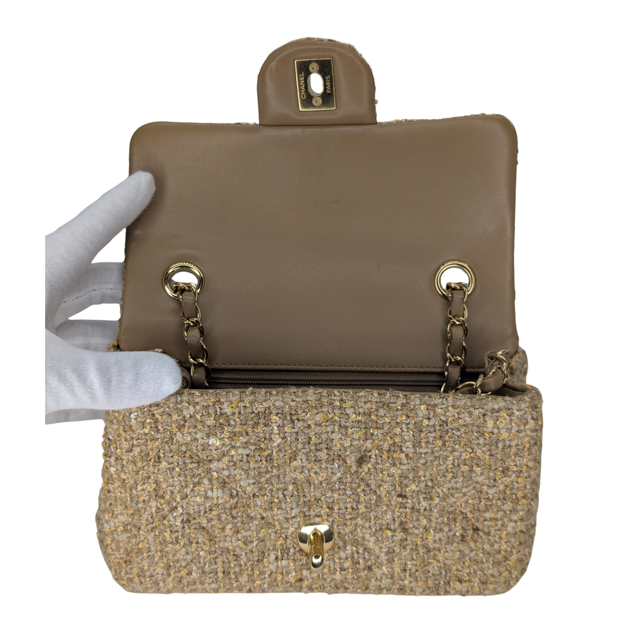 Chanel Mini Classic Tweed Handbag Beige