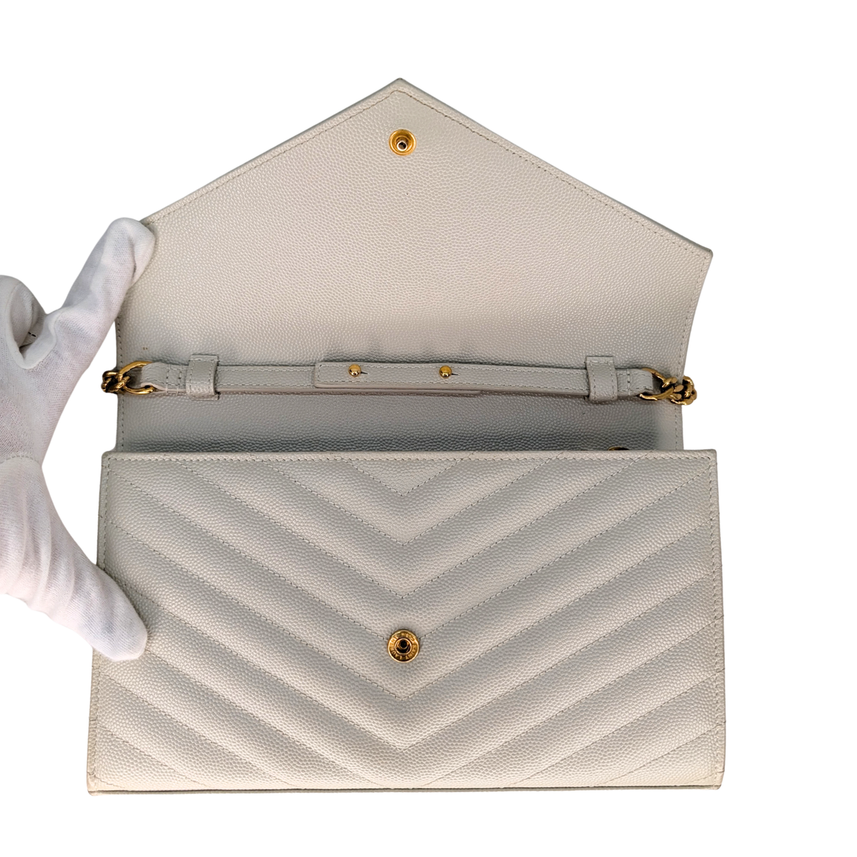 Saint Laurent Cassandre Envelope Chain Wallet Blanc White