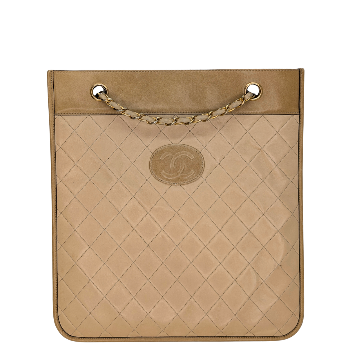 Chanel CC Vintage Quilted Flat Tote Bag Beige