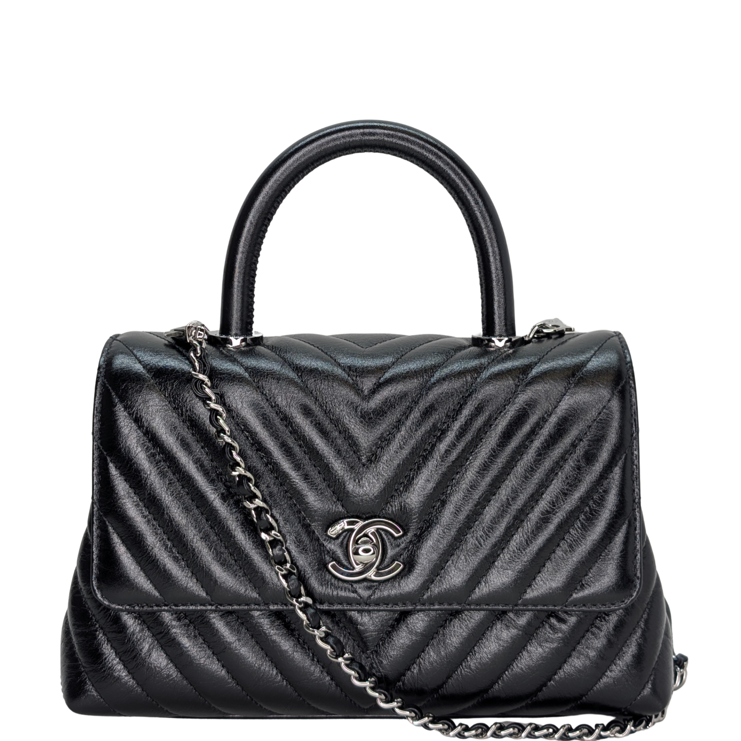 Chanel Small Coco Handle Chevron Aged Calfskin Black