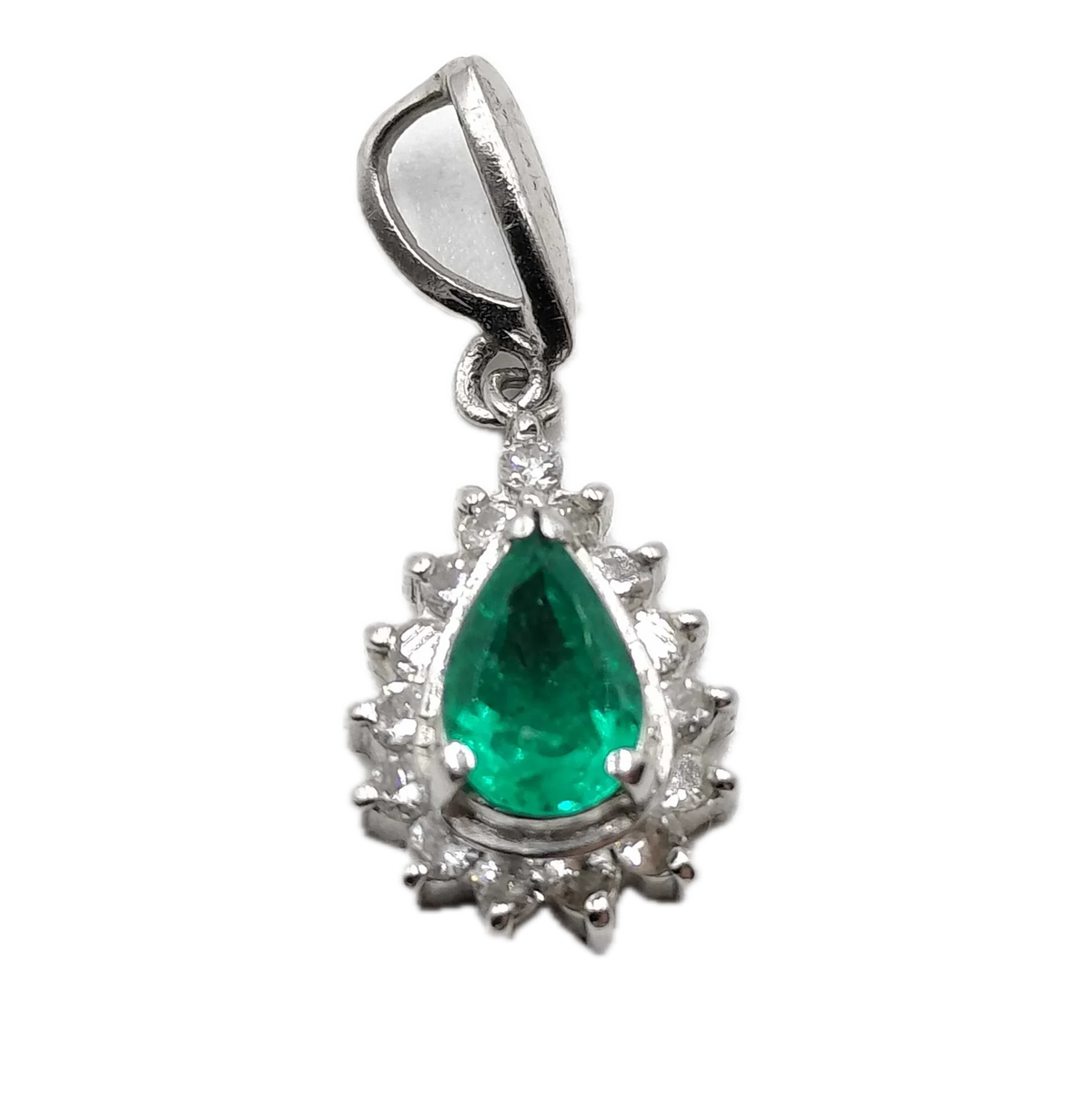 Platinum 900 Natural Emerald 0.40ct & Diamond 0.15ct Pear Halo Pendant - Lost Designer