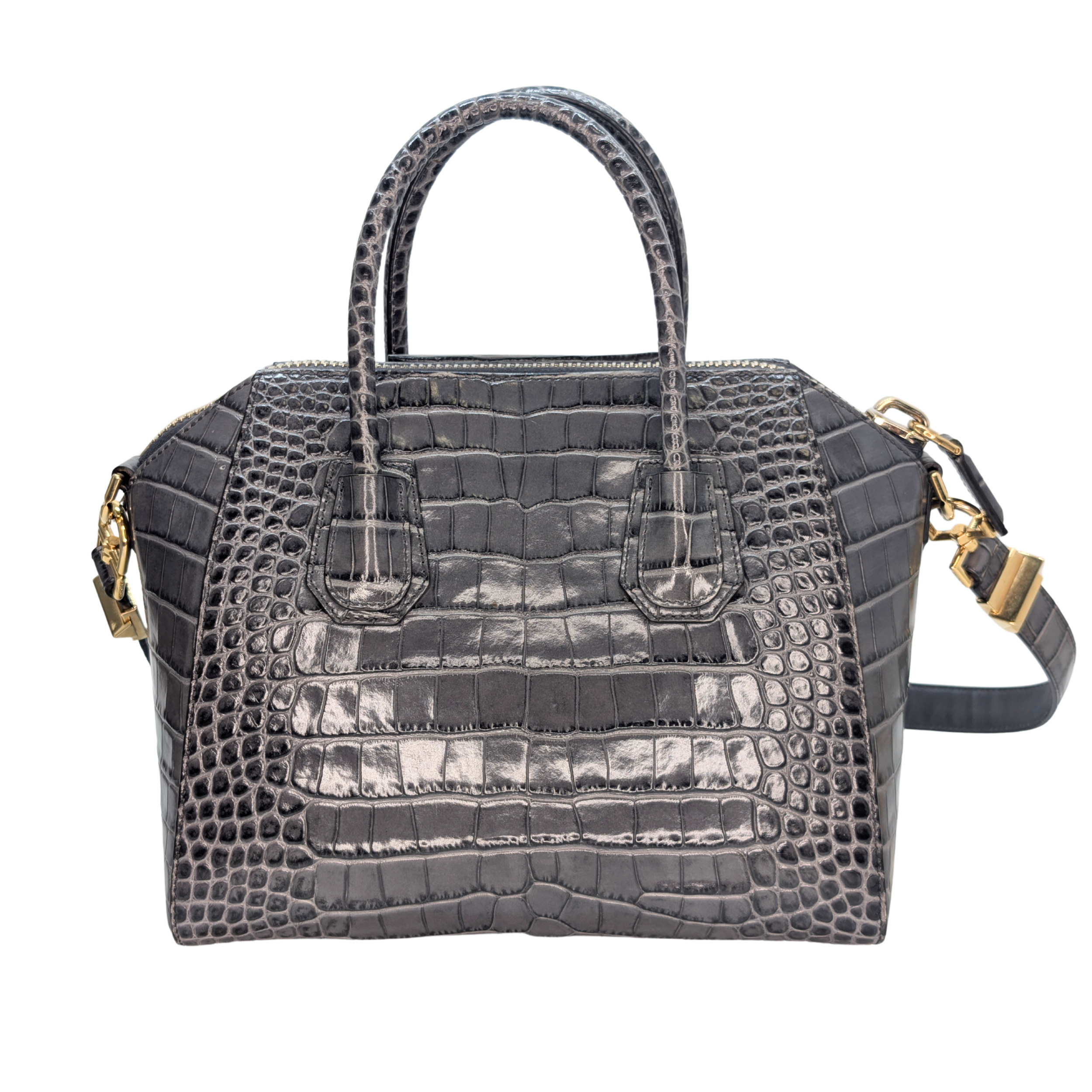 حقيبة Antigona الصغيرة من Givenchy بنقشة جلد التمساح الأسود باللون الرمادي ستورم