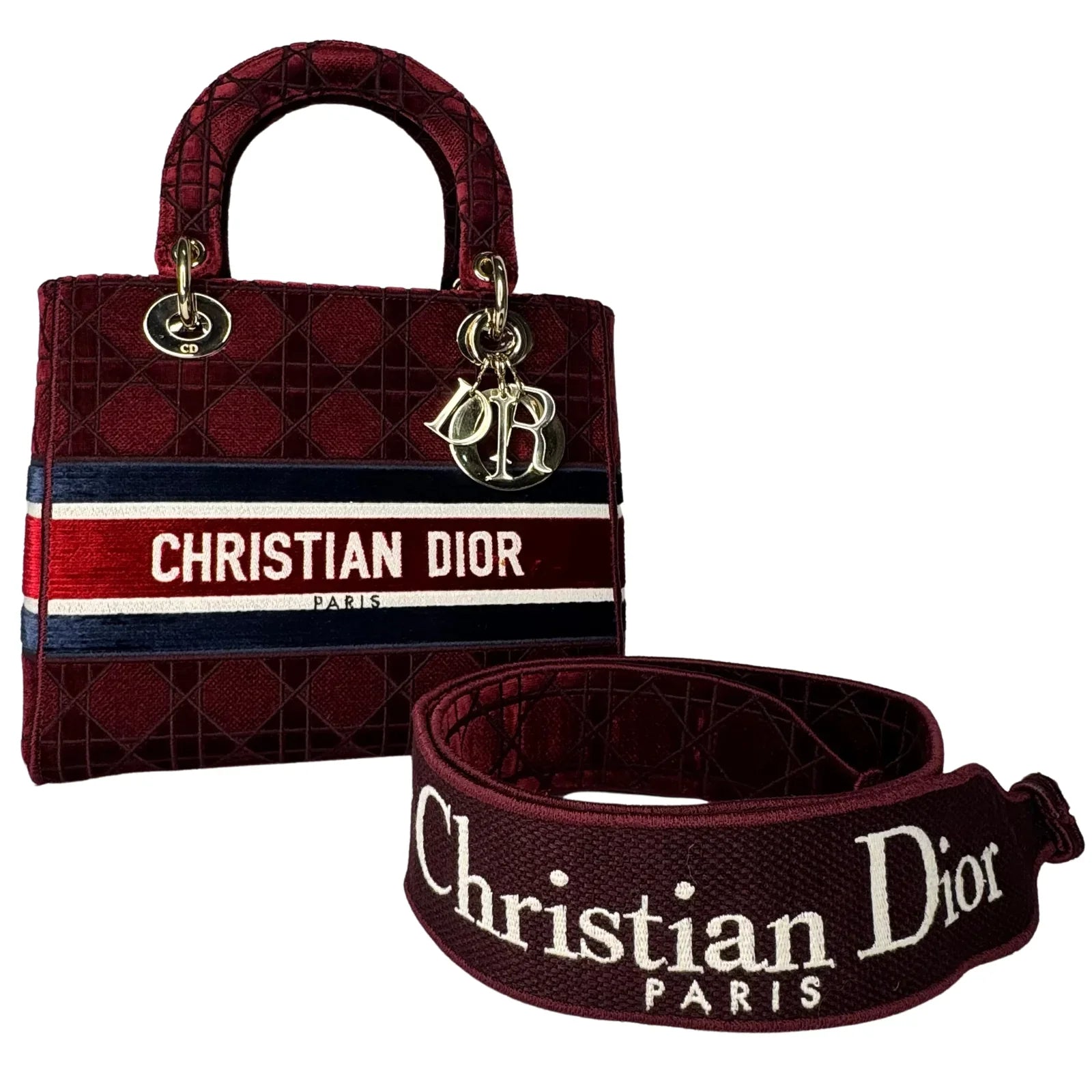 Christian Dior Velvet Cannage Medium Lady D-Lite Bag Burguandy - Lost Designer