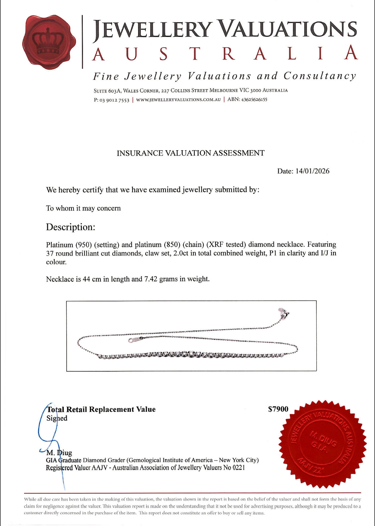 2.0Ct Natural Diamond Tennis-Style Centre Necklace In Platinum